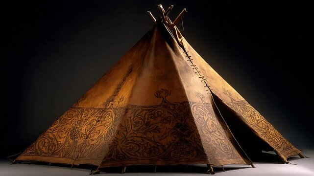 Traditional Indigenous Teepee Displaying Rich Leather Texture and Intricate Cultural Patterns Against a Dark Backdrop.