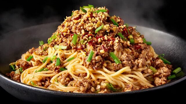 Appetizing Asian Noodles with Savory Minced Meat, Fresh Green Onions, and Aromatic Spices Steaming.