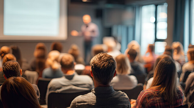 Audience watches a trainer presenting at a corporate seminar with a projector
