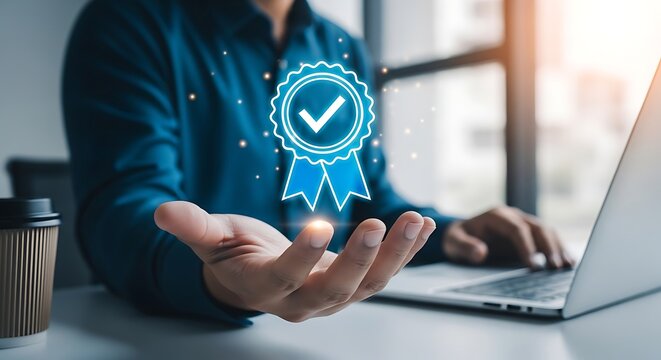 Businessman presenting a glowing blue checkmark icon on his hand