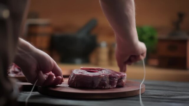 A man prepares a gourmet meal, tying a fresh Osso Buco steak with twine. Glasses filled with fresh herbs and spices stand nearby. The concept of cooking a classic Italian recipe at home
