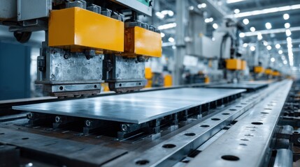 Fototapeta premium Industrial machinery with metal sheets processed on a conveyor belt in a modern factory setting