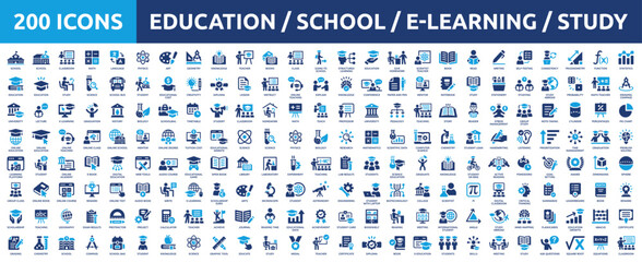 Obraz na płótnie Canvas Huge set of 200 solid icons. Mega collection concept of education, school, e-learning, study, teaching. Vector illustration.