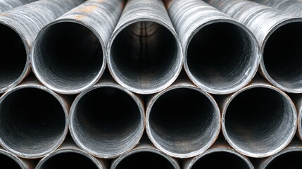Close up view of stacked metal pipes with textured surfaces showing inner hollow cylindrical structures