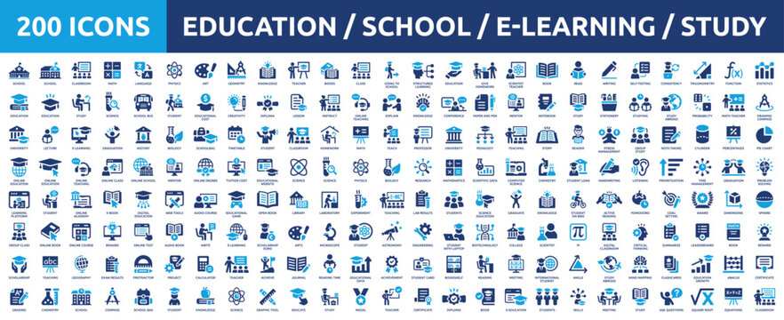 Huge set of 200 solid icons. Mega collection concept of education, school, e-learning, study, teaching. Vector illustration.