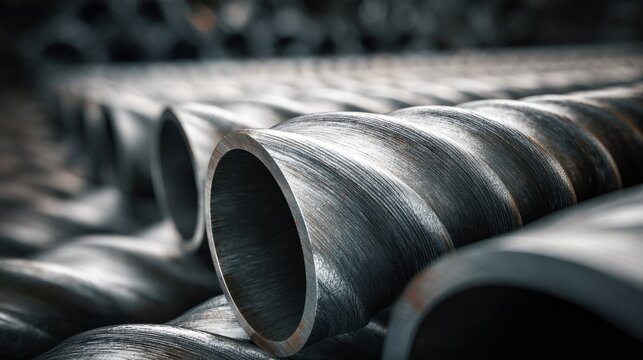 Close up of parallel metallic screw threads on industrial pipes showcasing textured surfaces