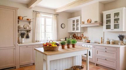 Fototapeta premium Elegant Provence-style kitchen interior in soft pastel tones featuring natural wood, exposed ceiling beams.