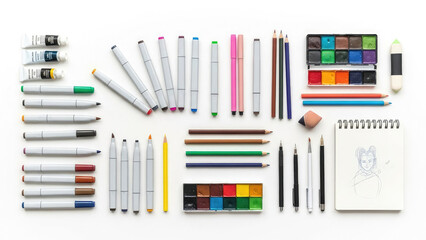 Obraz premium A variety of artistic supplies including markers colored pencils paints and a sketchbook are arranged neatly on a white surface for creative projects and drawing