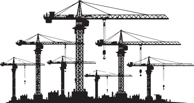 Crane Fleet Silhouette Side View Multiple Cranes Aligned