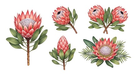 Beautiful watercolor illustrations of Protea flowers, perfect for botanical designs, tropical themes, or adding an elegant floral touch. South African flora.