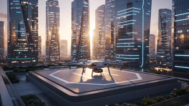 Drone flying over helipad on rooftop in modern city with skyscrapers during sunrise.