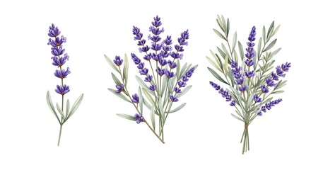 Obraz premium A beautiful collection of watercolor lavender flower arrangements, including single stems and bouquets, perfect for elegant designs, aromatherapy themes, and nature-inspired projects.