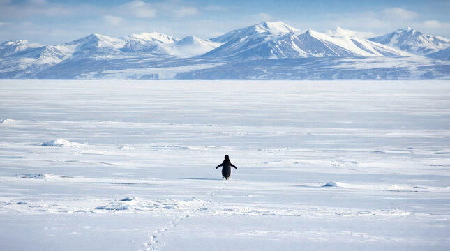 Lonely Nihilist Penguin Standing in Vast Snow Landscape