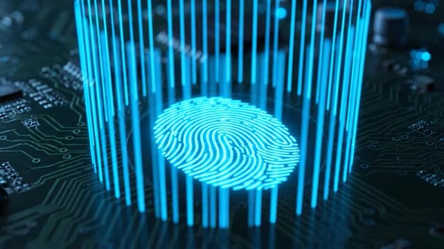 Illuminated fingerprint inside a blue glowing ring, set on an electronic circuit board