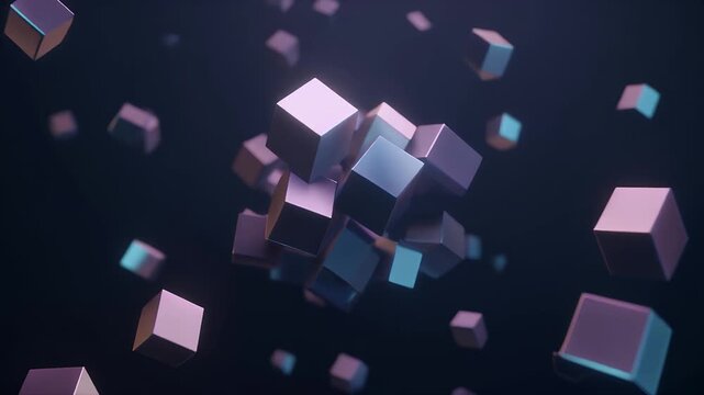 Slow orbit around glowing translucent geometric shapes in a deep void with volumetric lighting and subtle blue purple hues