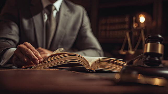 Lawyer reviewing legal code in a quiet, elegant office with warm lighting