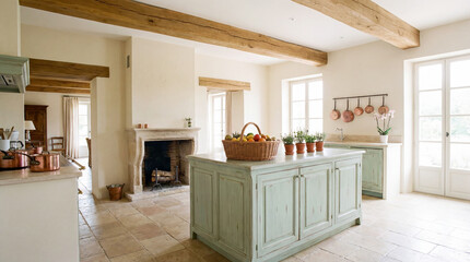Fototapeta premium Elegant Provence-style kitchen interior in soft pastel tones featuring natural wood, exposed ceiling beams, and a traditional fireplace.