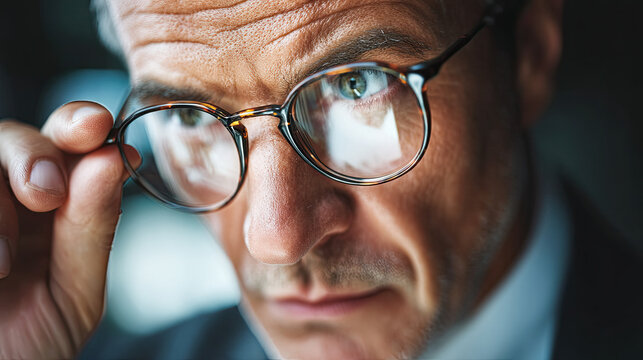 Manager analyzing complex data while adjusting glasses closely