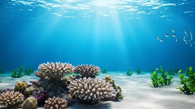 Colorful fish swim among coral in a vibrant underwater scene near a tropical reef during midday hours