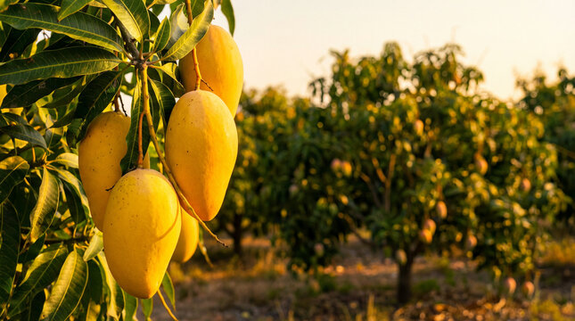 Several fruit thai yellow mango on the branches of mango trees against the backdrop of mango groves bathed in the warm light of the setting sun.
