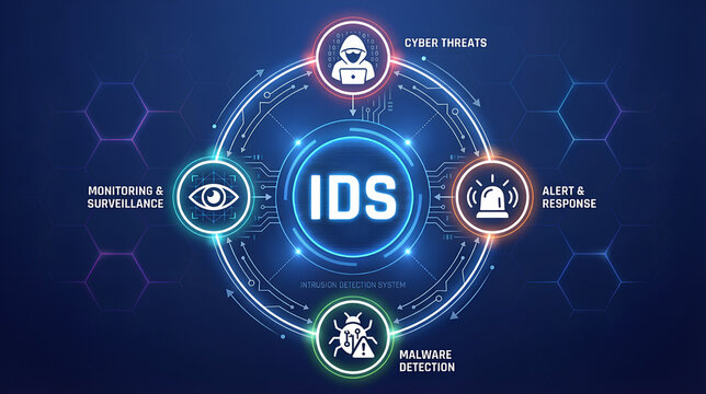 IDS intrusion detection system concept, security tools used to monitor network or system activities for malicious or unauthorized behavior.