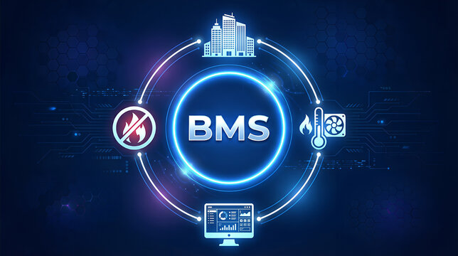 BMS building management system concept, centralized control system that monitors and manages various building functions and systems.