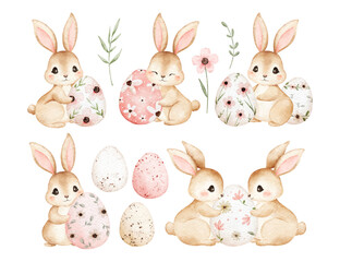 Watercolor Illustration Set of Easter Rabbit and Easter Eggs with Floral Decoration