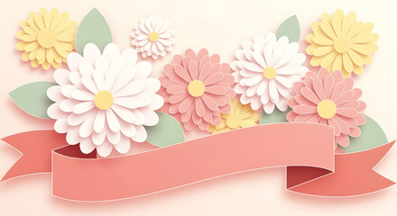 A beautiful spring design featuring a pink daisy blossom bouquet and purple floral ribbon frame for a nature inspired wedding card decoration, Emperor's Birthday Japan.
