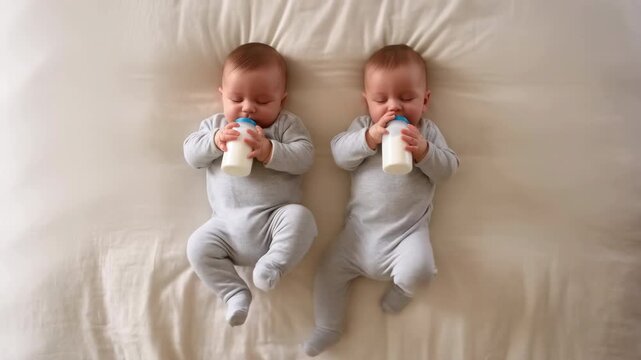 Two Infants Relax Together In Nursery. Calm Scene Of Twins Sharing Bottles In Cozy Bedroom Setting