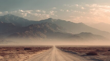 Desert Road With Distant Mountains, Americana Western Cinematic Landscape