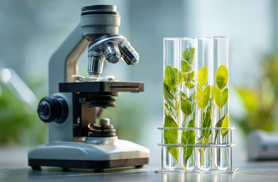 Microscopic close-animated movie of green plant leaves in test tubes with laboratory equipment for scientific research