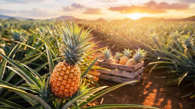 Ripe pineapple growing on a pineapple agriculture field, with pineapple bushes into the sun evening background. Slow cinematic camera movement across the scene.