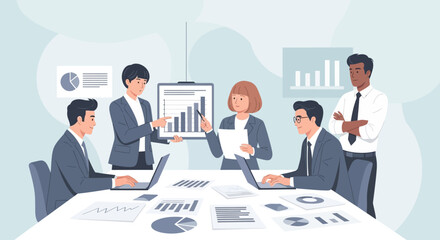Business professionals collaborating around a table with graphs and charts in a modern office environment from a high viewpoint, imagefx_3kda81_via_RJ_ImageFX_Auto.eps