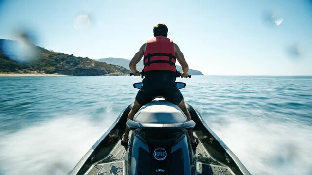 A person in a red life vest rides a jet ski across the blue ocean on a sunny day.