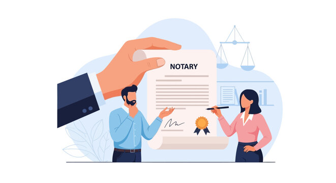 Man and woman witnessing a document being notarized by a third person in a professional setting