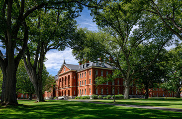Historic red brick college campus building surrounded by lush green trees on a bright sunny day