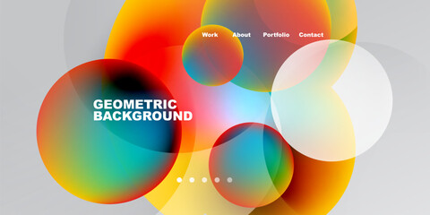 Fototapeta premium Abstract colorful circles overlap, creating vibrant gradients. Text labels present portfolio navigation options. Modern design elements dominate composition.