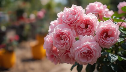 Obraz premium A beautiful bouquet of pink roses in a garden with blurred background