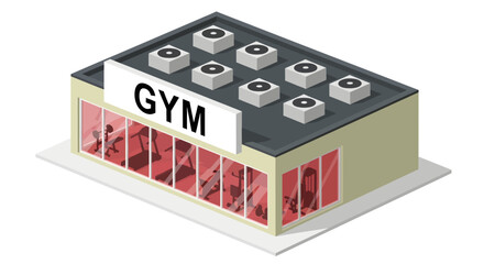 An isometric view of a beige gym building featuring a bold white sign, eight rooftop air conditioning units, and red-tinted windows that reveal silhouettes of treadmills and weight benches inside