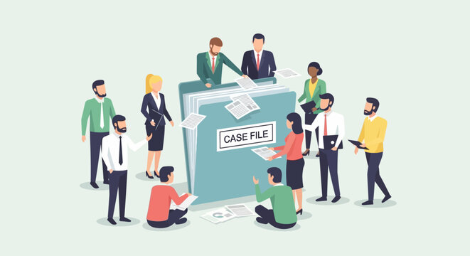 Group of people collaborating around a large file, discussing case details together