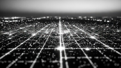 Obraz premium Abstract network of interconnected bright nodes and lines, monochrome
