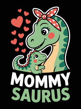 A cartoon depiction of a mother dinosaur with her baby, both adorned with red accessories