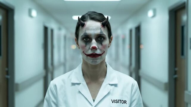 clown devil. A haunting figure in a hospital corridor wears a white coat labeled VISITOR, clown makeup with a red smile, pale skin, and dark eyes; fluorescent lights glow down an echoing hall.