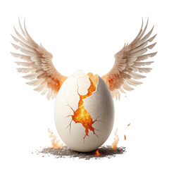 Cracked eggshell with angel wings and glowing internal fire core