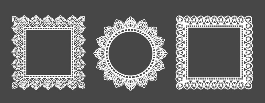 Whimsical lace frames set with square, circular and ornate scalloped borders. Vintage elegant oval and rectangle shapes decorated with floral lace pattern. Vector invitations and social media graphics