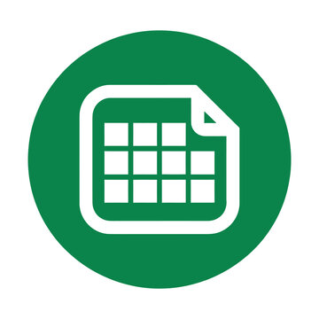 White spreadsheet or data table icon with a folded corner, set against a solid green circular background, symbolizing data, organization, and business.