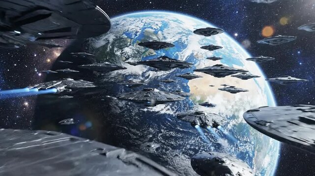 Massive alien fleet invades Earth, futuristic spaceships orbiting planet, sci-fi invasion concept