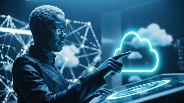 Woman engineer interacts with cloud migration hologram in datacenter. Professional touches cloud computing interface with holographic display. IT specialist manages cloud migration in server room.