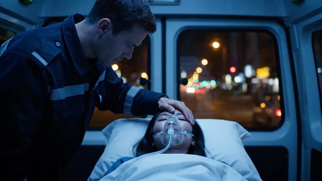 Paramedic providing oxygen to unconscious woman in ambulance at night, emergency care