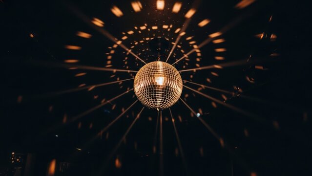 Mirrorball with bright reflections creating a light pattern on dark ceiling